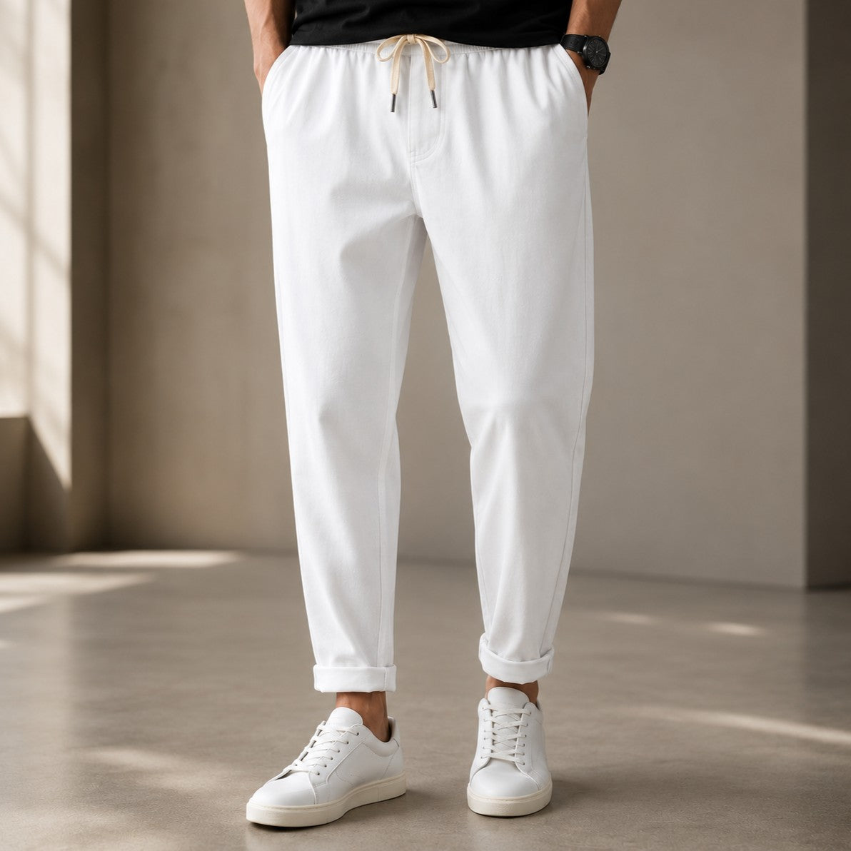 Italian Linen Relaxed-Fit Trousers – White styled view