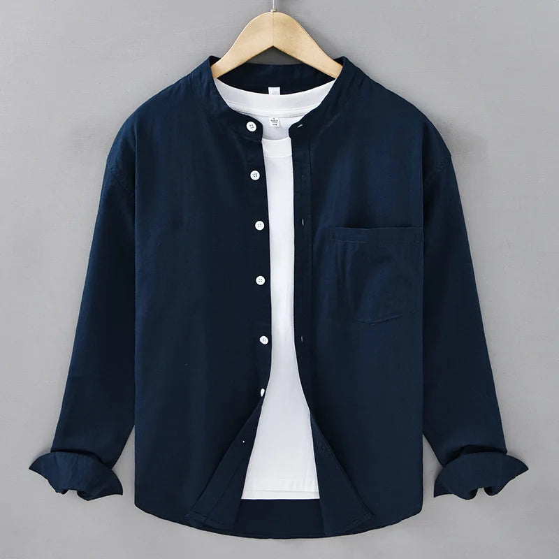 Alden Mandarin-Collar Linen Shirt, original product view 4