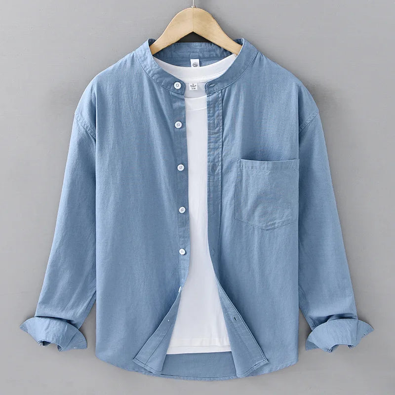 Alden Mandarin-Collar Linen Shirt, original product view 3