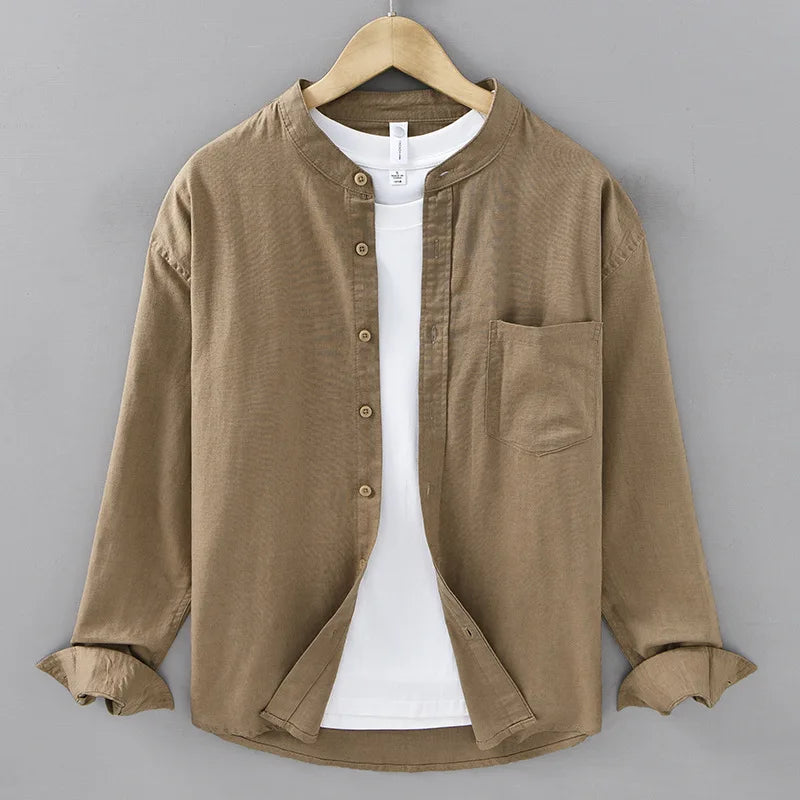 Alden Mandarin-Collar Linen Shirt, original product view 5
