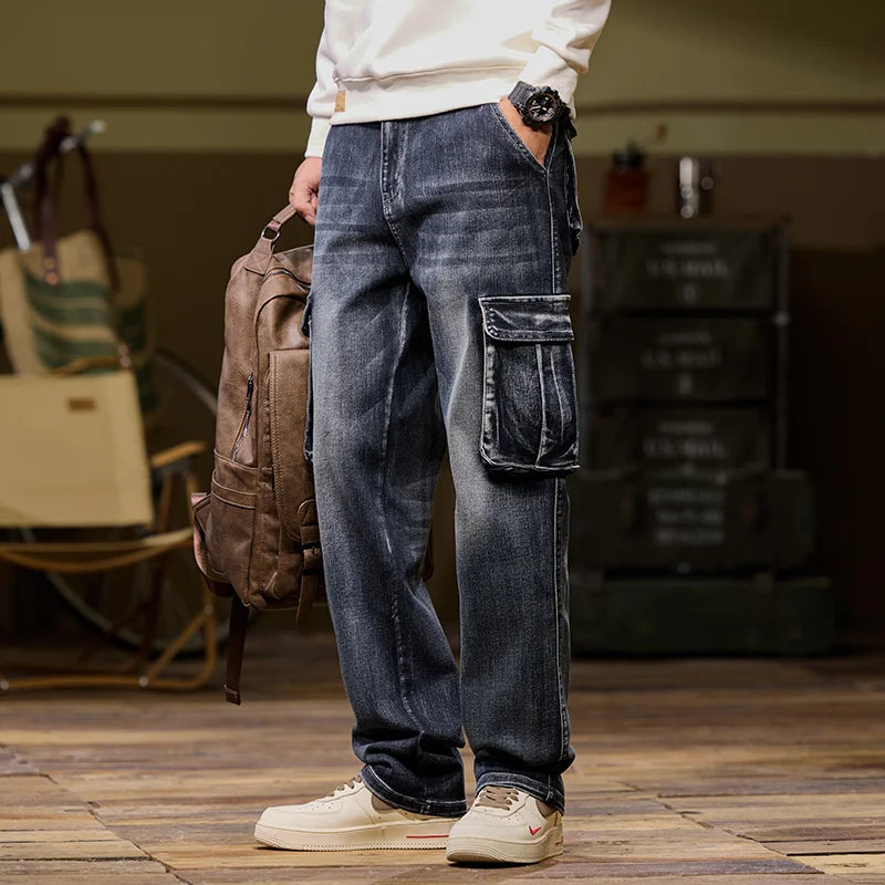 Heritage Cargo Denim Jeans – Faded Dark Blue