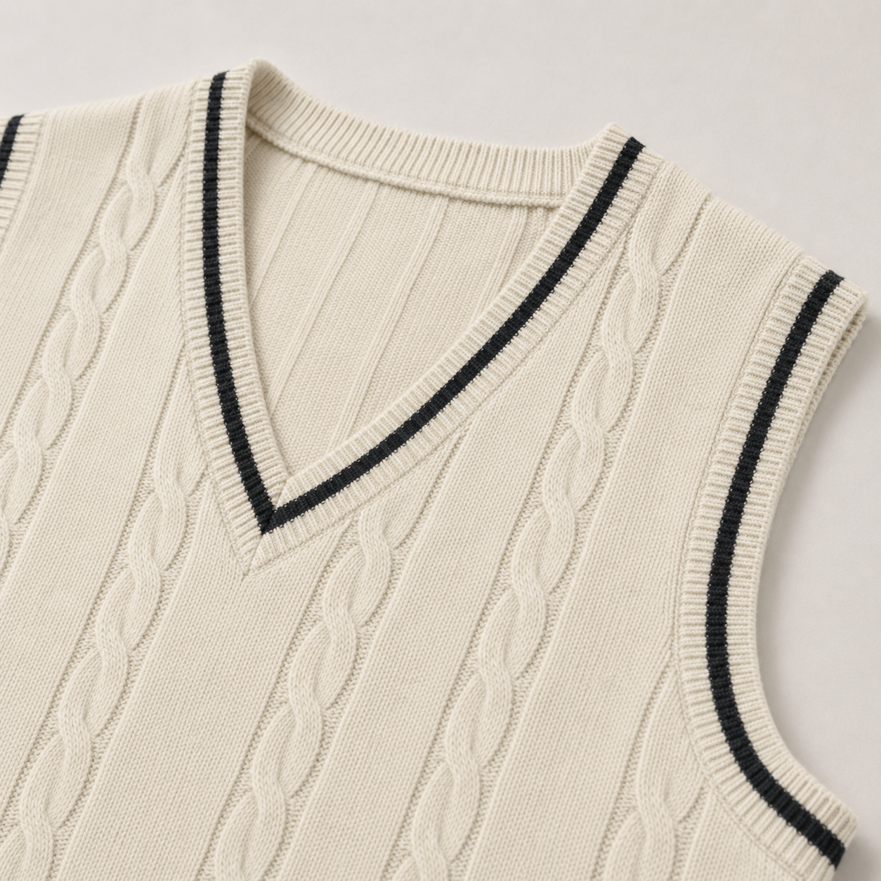 Harrington Cable-Knit Vest – V-neck and knit detail