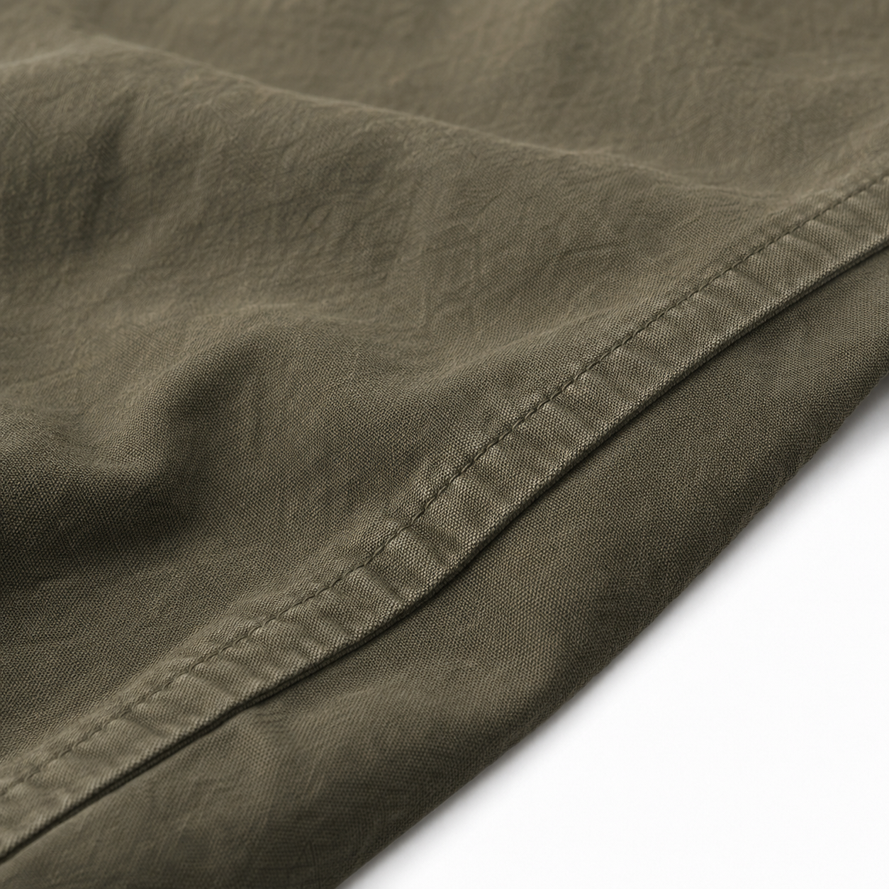 Close-up of army-green washed cotton fabric and stitching