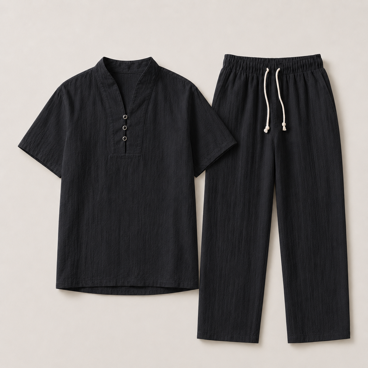 Riviera Cotton-Linen Co-Ord Set in black — full set product view