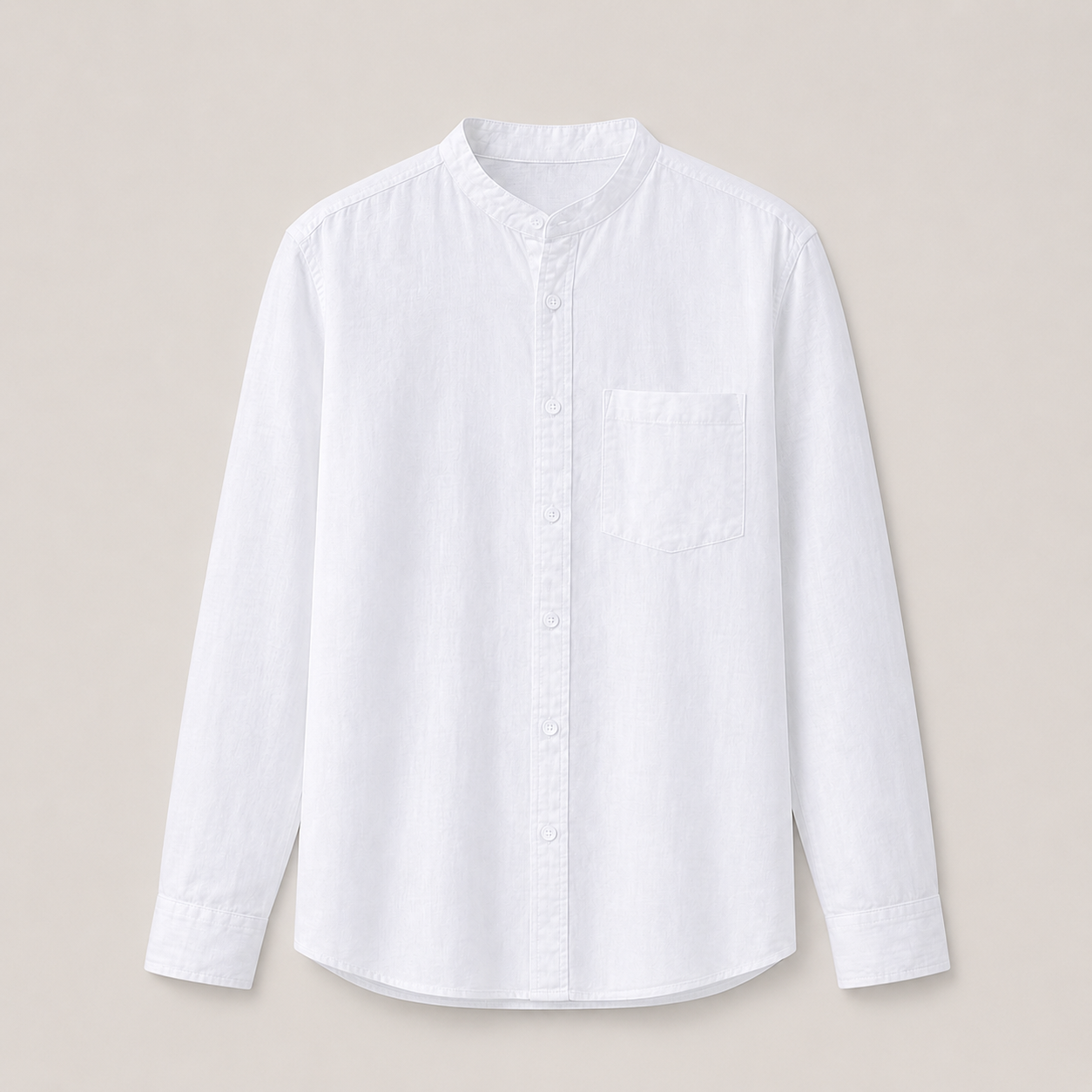 Alden Mandarin-Collar Linen Shirt productfoto op uniforme warmgrijze achtergrond
