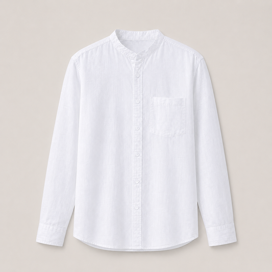 Alden Mandarin-Collar Linen Shirt productfoto op uniforme warmgrijze achtergrond