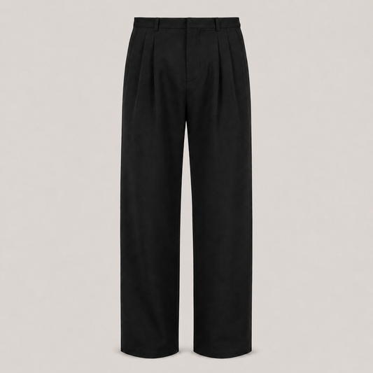 Draped Dress Trousers productfoto op uniforme warmgrijze achtergrond