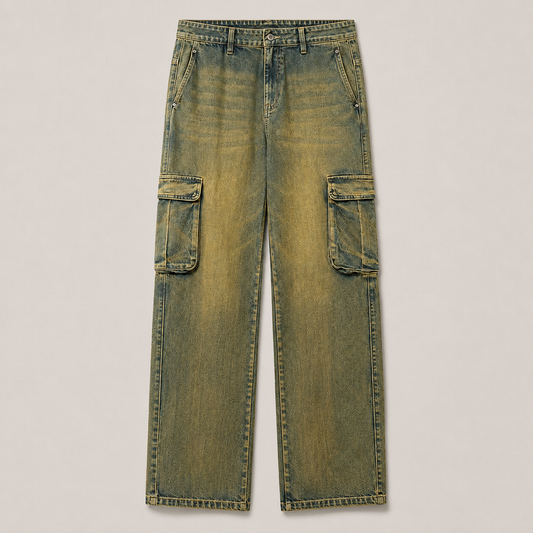 Heritage Cargo Denim Jeans productfoto op uniforme warmgrijze achtergrond