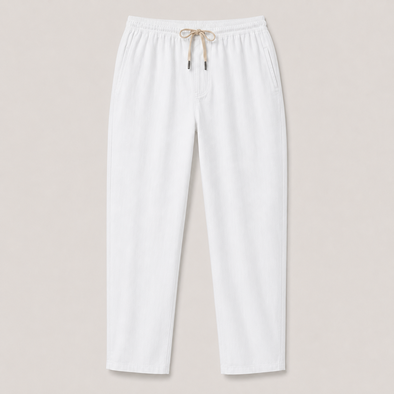 Italian Linen Relaxed-Fit Trousers productfoto op uniforme warmgrijze achtergrond