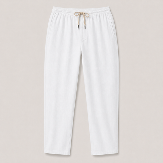 Italian Linen Relaxed-Fit Trousers productfoto op uniforme warmgrijze achtergrond