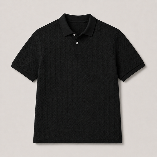 Sterling Textured Polo productfoto op uniforme warmgrijze achtergrond