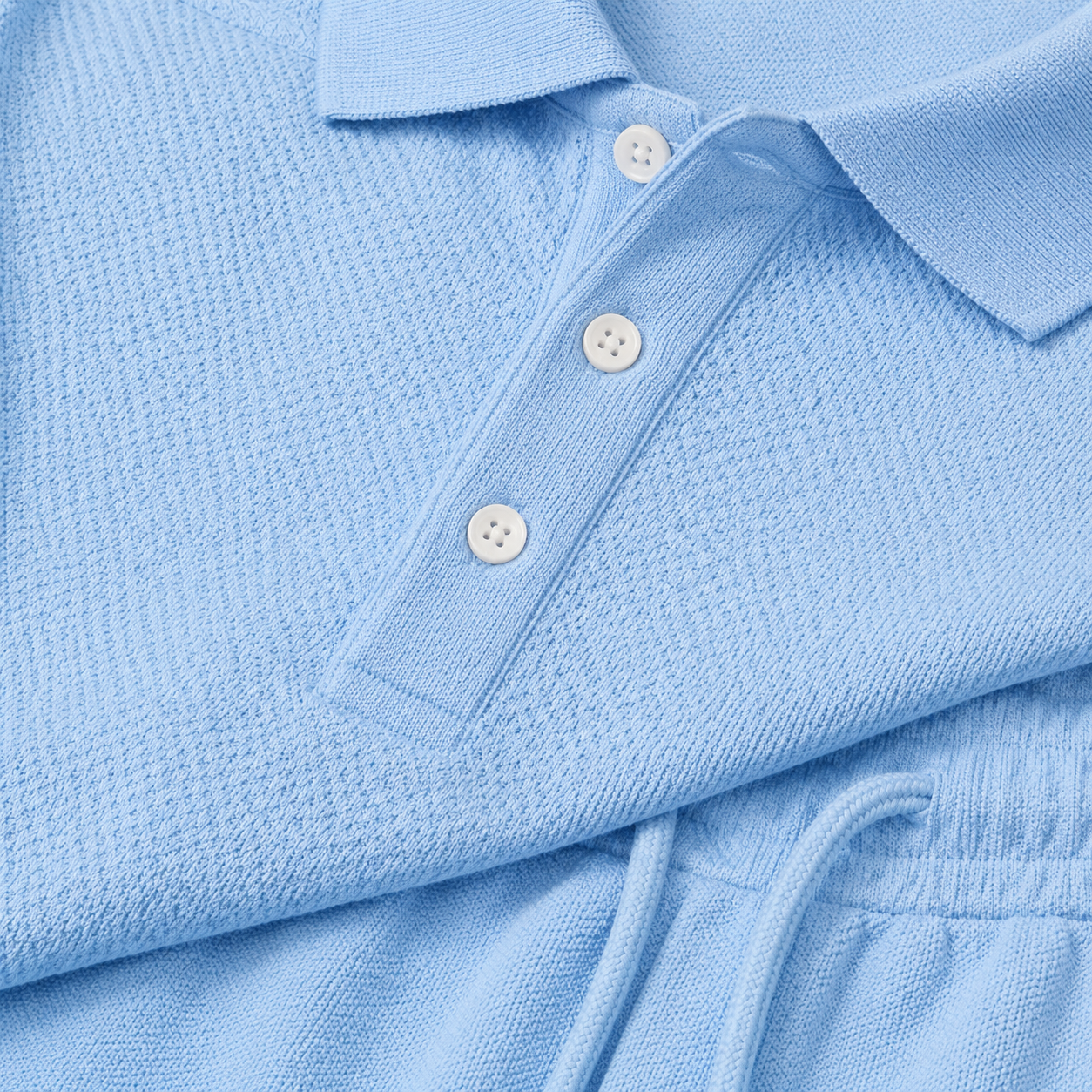 Close-up of Owen Textured Polo Set fabric and collar